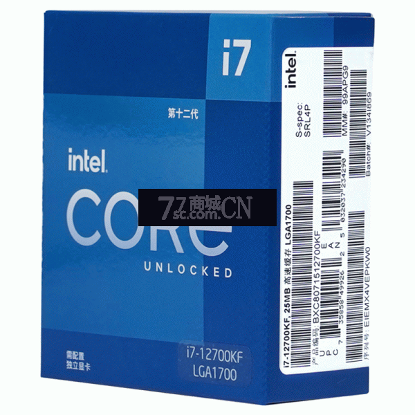 【12代CPU】intel/英特尔原盒i7 12700KF酷睿处理器 12核20线程2.7GHZ LGA1700 支持Z690主板（注：不带集显，需配独立显卡）