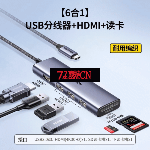 Ugreen绿联20956 六合一Type-C转hdmi+网卡+读卡USB3.0拓展坞 HUB 输出4K 30HZ